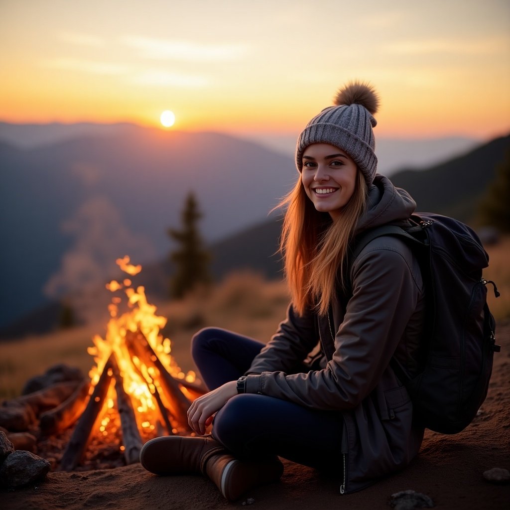 A young woman sits beside a campfire on a mountain. She wears a beanie and has a backpack. The sunset creates a warm atmosphere. The scene showcases the beauty of nature and camping.