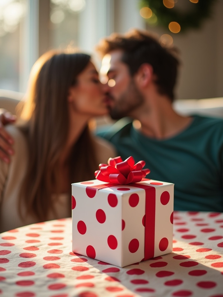 A festive gift card with red polka dots focuses in the foreground. A couple shares a kiss behind the gift. The atmosphere is warm and inviting.