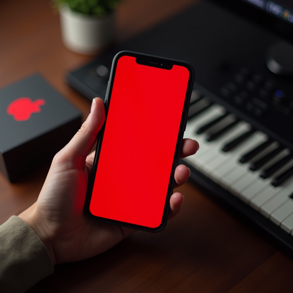 A smartphone with a vibrant red screen held by a hand, set against a background with a piano keyboard and a black box featuring a red abstract logo.