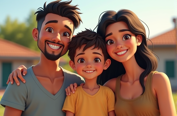 A digitally illustrated family of three smiling against a sunny suburban background.