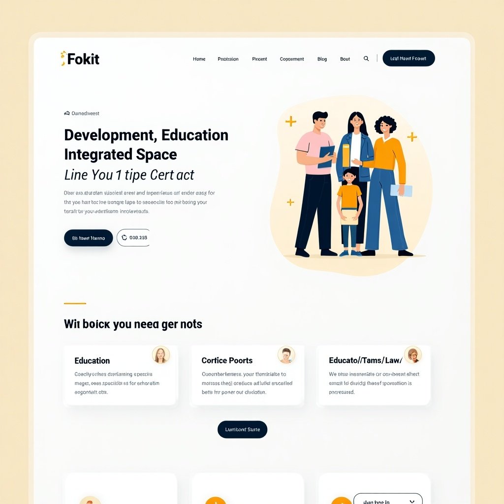 The hero image for the 'Fokit' service system website captures the essence of three main divisions: Education, Development, and Education/Law. On the left side, it boldly displays the text 'Development, Education Integrated Space,' showcasing inclusivity and support for various learning needs. The right side features a clean block layout that lists the next three upcoming events, including dates and brief descriptions. The overall design embraces a warm and welcoming color palette, ensuring a friendly user experience. Icons may represent specific services or features, enhancing both usability and visual appeal.