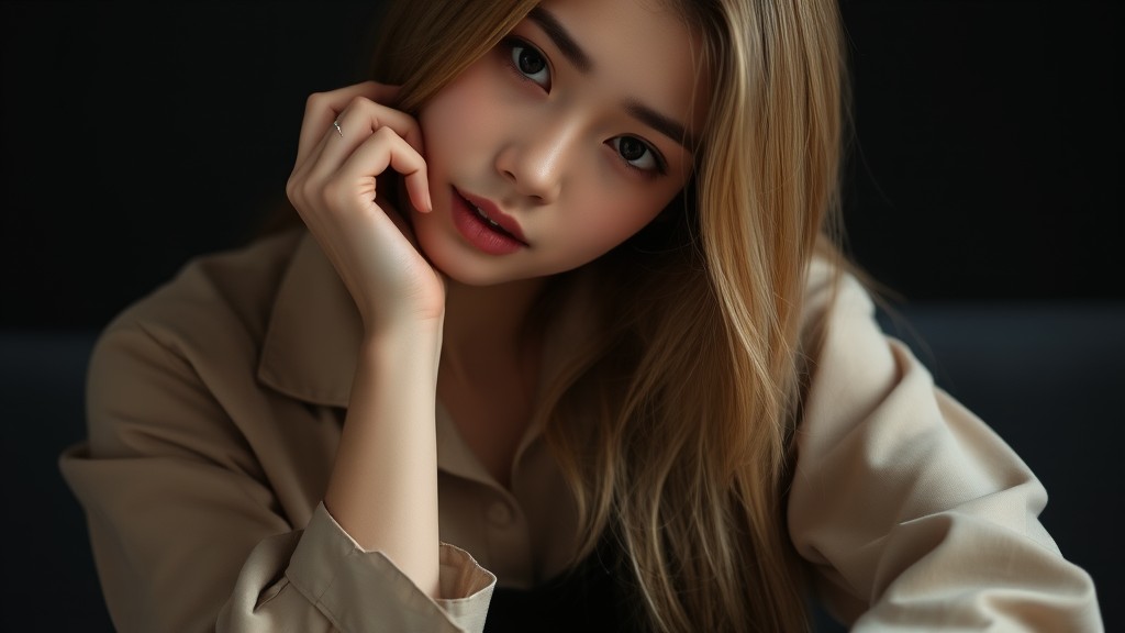 A young woman with long hair gently rests her face on her hand, dressed in a beige top against a dark background.