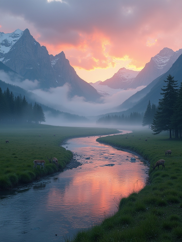 Serene mountain landscape at sunrise. Mist rolls over lush green valleys. Crystal-clear river winds through the scene. River reflects warm hues of the rising sun. Snow-capped peaks tower in the background. Family of deer grazes peacefully near the water’s edge. Sky has a blend of soft pink, orange, and deep blue.