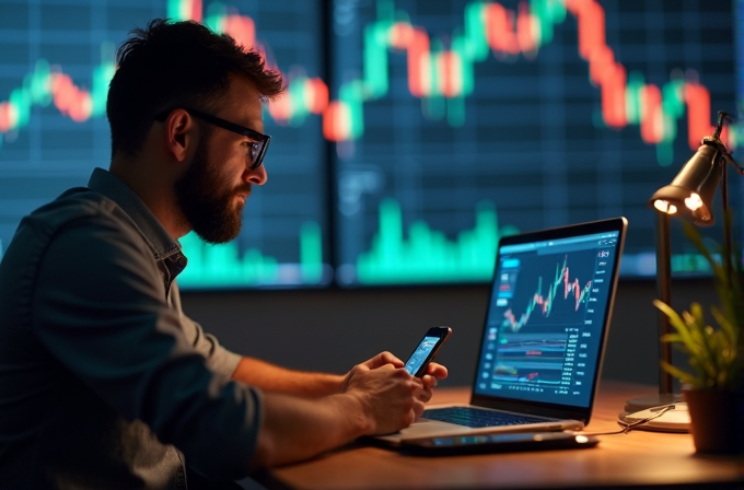 A man analyzes stock market data on multiple screens in a dimly lit room.