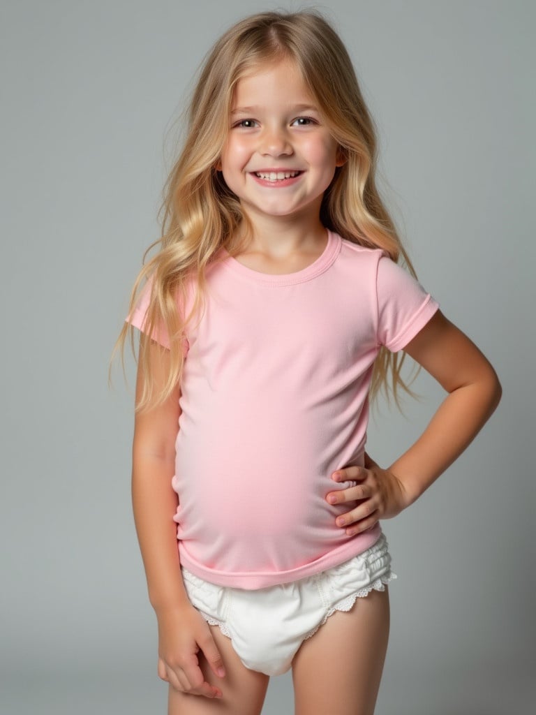 A seven-year-old girl is wearing a fitted pink t-shirt and a white diaper. She has long blonde hair. The background is soft gray. She poses relaxed with one hand on her hip. She appears confident. The soft lighting creates a warm atmosphere. It captures a moment of childhood, highlighting comfort and playfulness. It showcases toddler fashion in a casual setting.