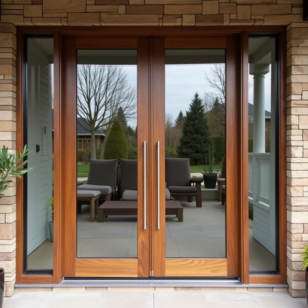 Modern double door with a warm wooden hue, surrounded by fixed glass panels. A cozy sitting area and garden visible through the glass.