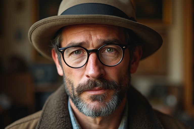 The image depicts a middle-aged Italian male wearing a classic felt hat and a warm jacket. The background features subtle indoor settings suggesting a cozy atmosphere.