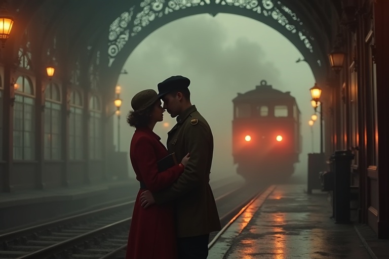 Foggy scene at a 1940s train station at dawn. Intricate wrought-iron arches surround misted glass windows. Steam rises from tracks blending with fog. Two lovers embrace near the train, backlit by amber lanterns. Partially visible departing train with red tail lights in the mist. Woman in faded red coat with a leather diary. Man in weathered soldier uniform. Dust motes illuminated by soft golden light. Atmosphere is melancholic and evokes wartime cinema.