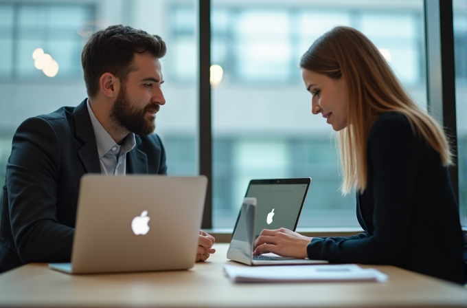 Two people sitting at a table with laptops, engaged in conversation.