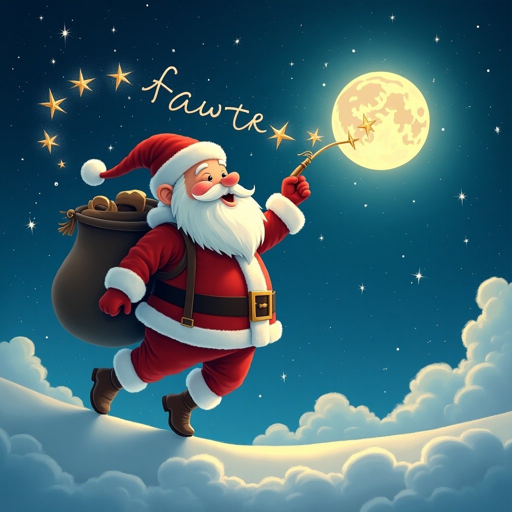 Santa writing fawry in the sky using a magic wand. Santa wears a traditional red suit. Large bag on his back. Bright full moon shines in the night sky. Soft clouds surround him. Starry background adds charm.