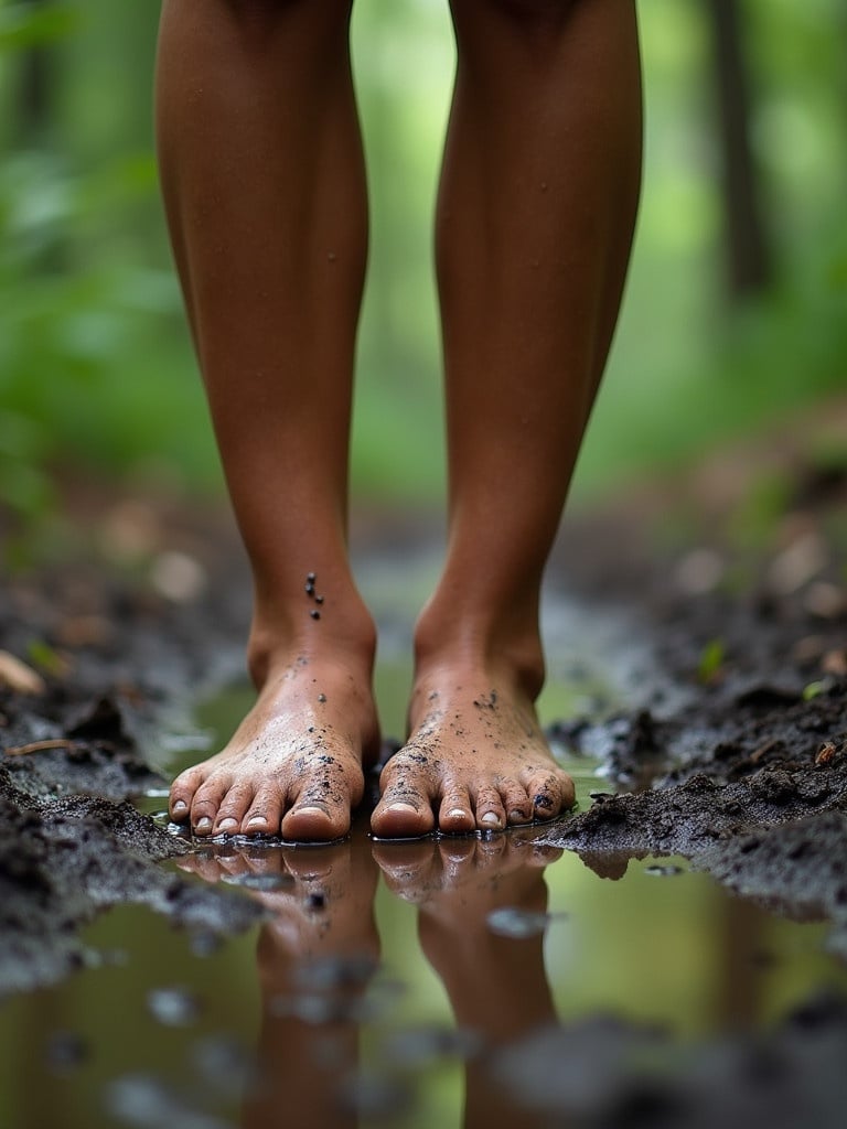 Bare feet stand on muddy ground. Mud covers the toes and soles. Surroundings are a lush forest. Reflections in puddles are visible. Skin shines with droplets.