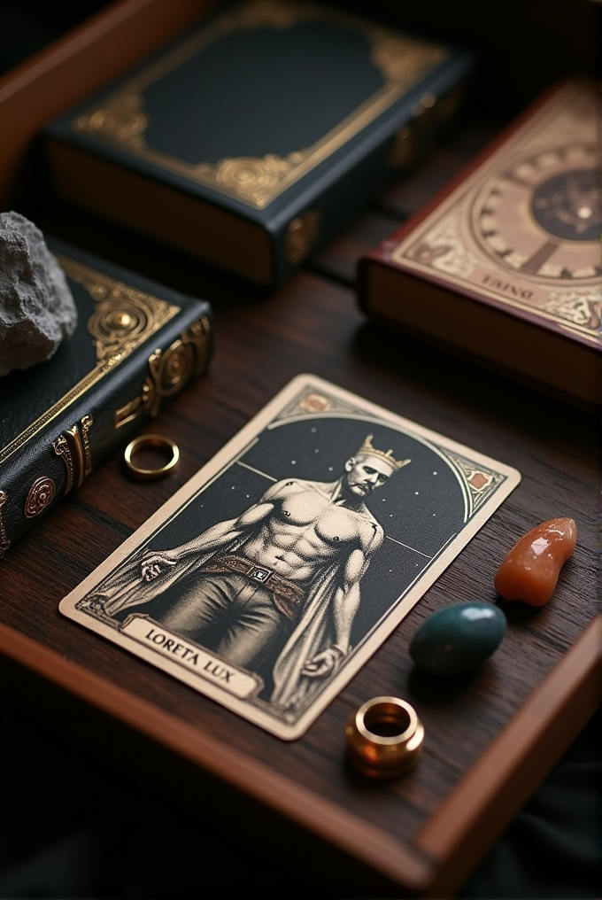 A tarot-style card depicting a crowned figure, surrounded by ornate books, rings, and gemstones on a wooden surface.