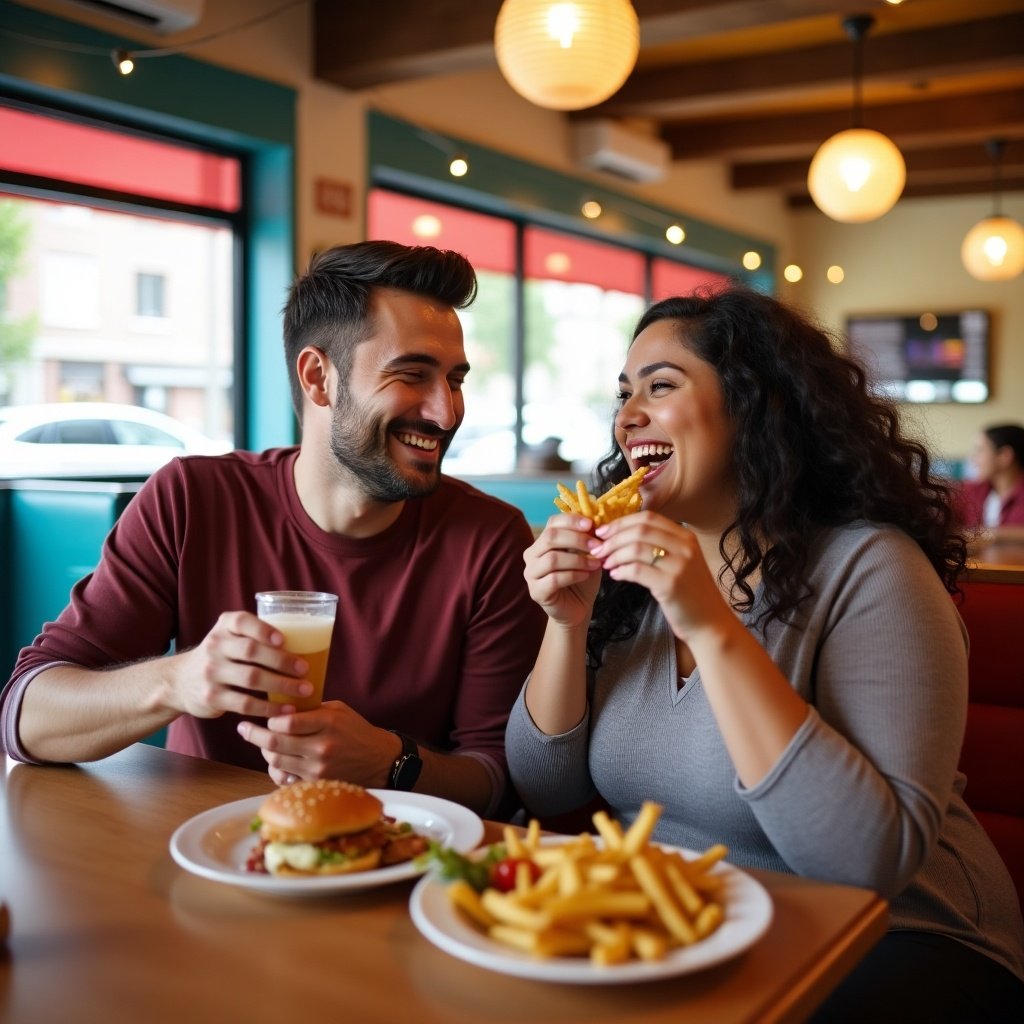 Man drinks beverage while sitting at a table. Woman holds food. Fast food meal visible. Burgers and fries on the table. Cozy restaurant atmosphere. Natural daylight enters through windows.