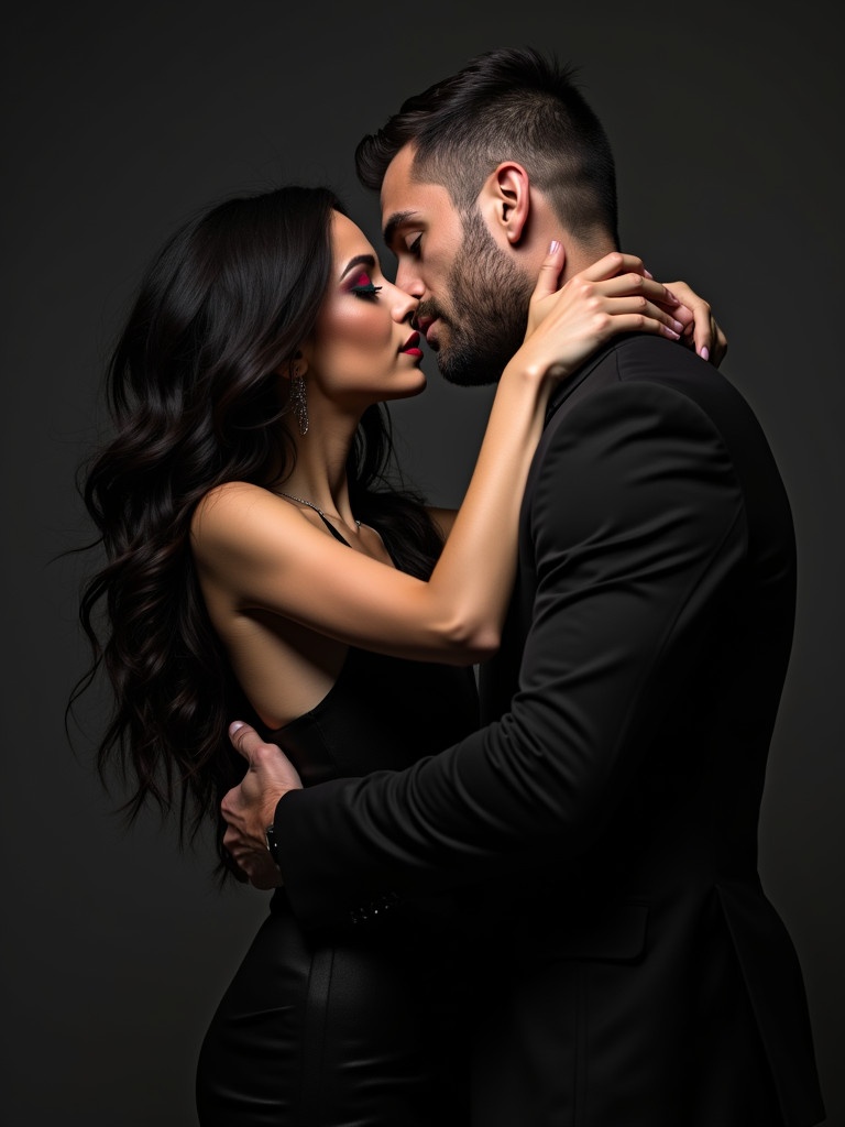 A couple embraces intimately with a near-kiss. The woman has long dark hair and dramatic makeup. The man has a rugged appearance with short hair. Both wear elegant black attire, adding sophistication to the image.