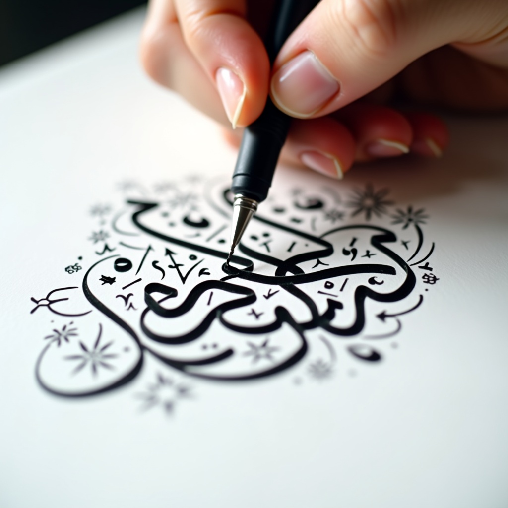 This image captures the delicate art of Arabic calligraphy. A person’s hand is shown writing elegant letters with a calligraphy pen. The bold black ink contrasts beautifully against a pristine white paper. Surrounding the calligraphy are intricate flourishes that enhance the artwork. The focus is on the careful crafting of each letter, showcasing the skill involved. Soft lighting makes the detailed strokes and textures clear and prominent. This depiction underscores the beauty and precision inherent in Arabic calligraphy.