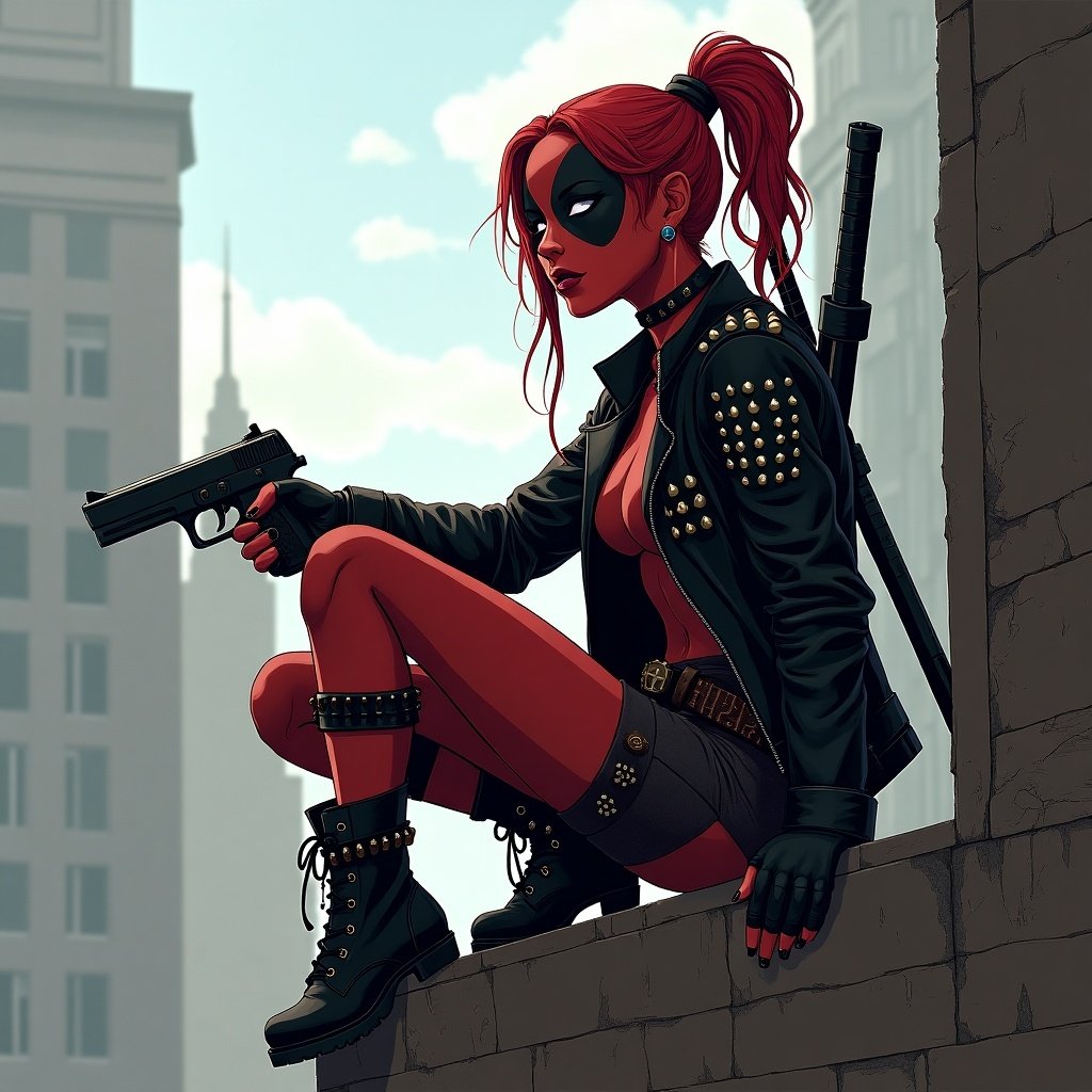 Digital art illustration of a female antihero character inspired by Deadpool. Character blends classic Deadpool with a grunge style. Wearing combat boots, leather gloves, and a studded jacket. Sits on a building ledge, holding a pistol, gazing into the distance. Edgy and rebellious atmosphere is captured.