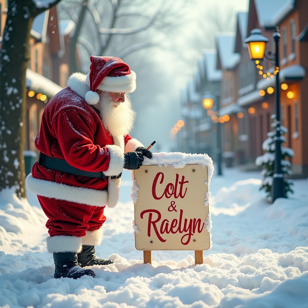 Santa Claus writing names in the snow wearing red and white clothing on a snowy street with charming buildings soft winter light cheerful holiday atmosphere sign with names Colt and Raelyn