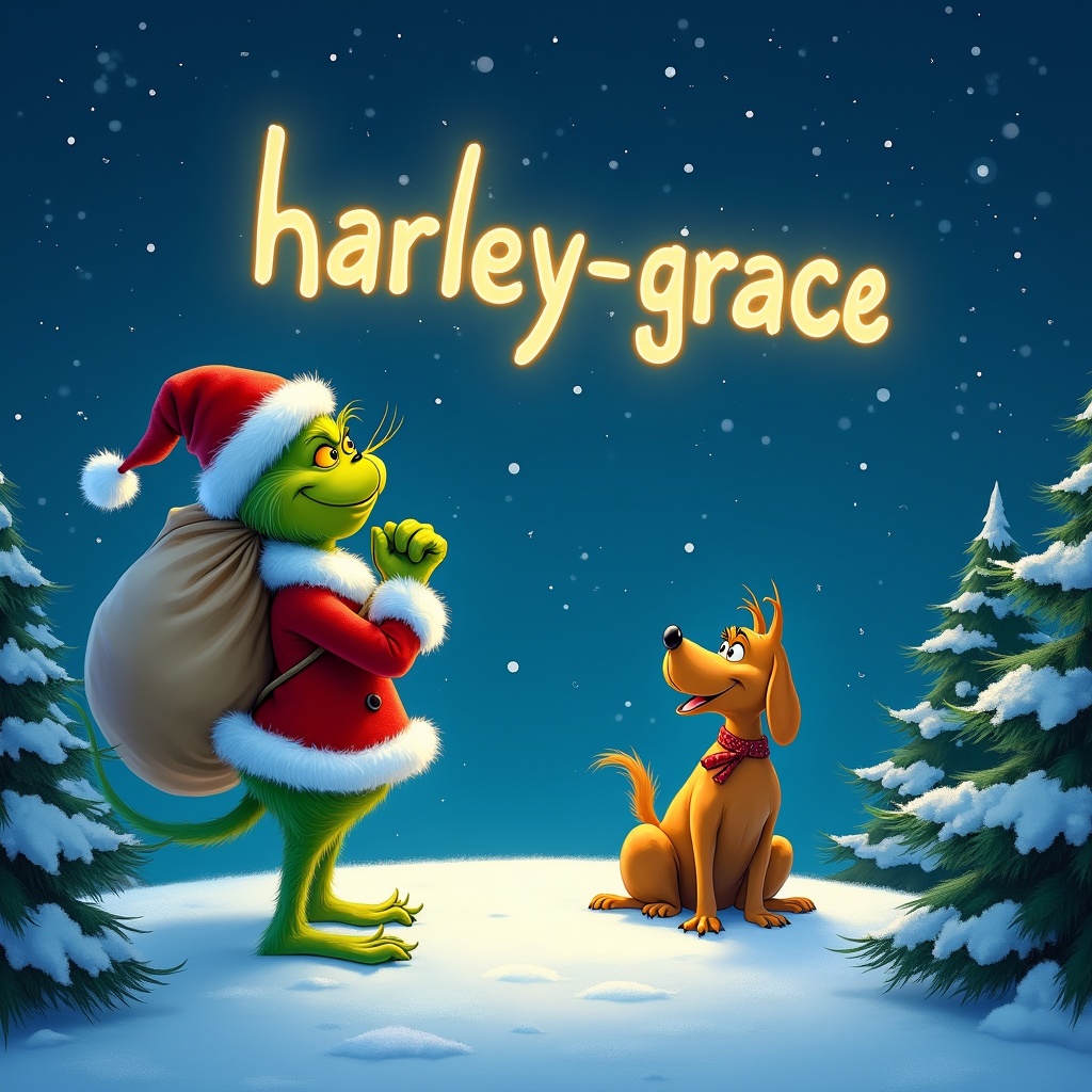 Dynamic snowy landscape features a cheerful Grinch writing name in glowing letters. Dressed in red outfit with white trim. Large sack on shoulder. Friendly dog sitting beside him. Deep blue sky with stars and snowflakes. Pine trees surround the scene.