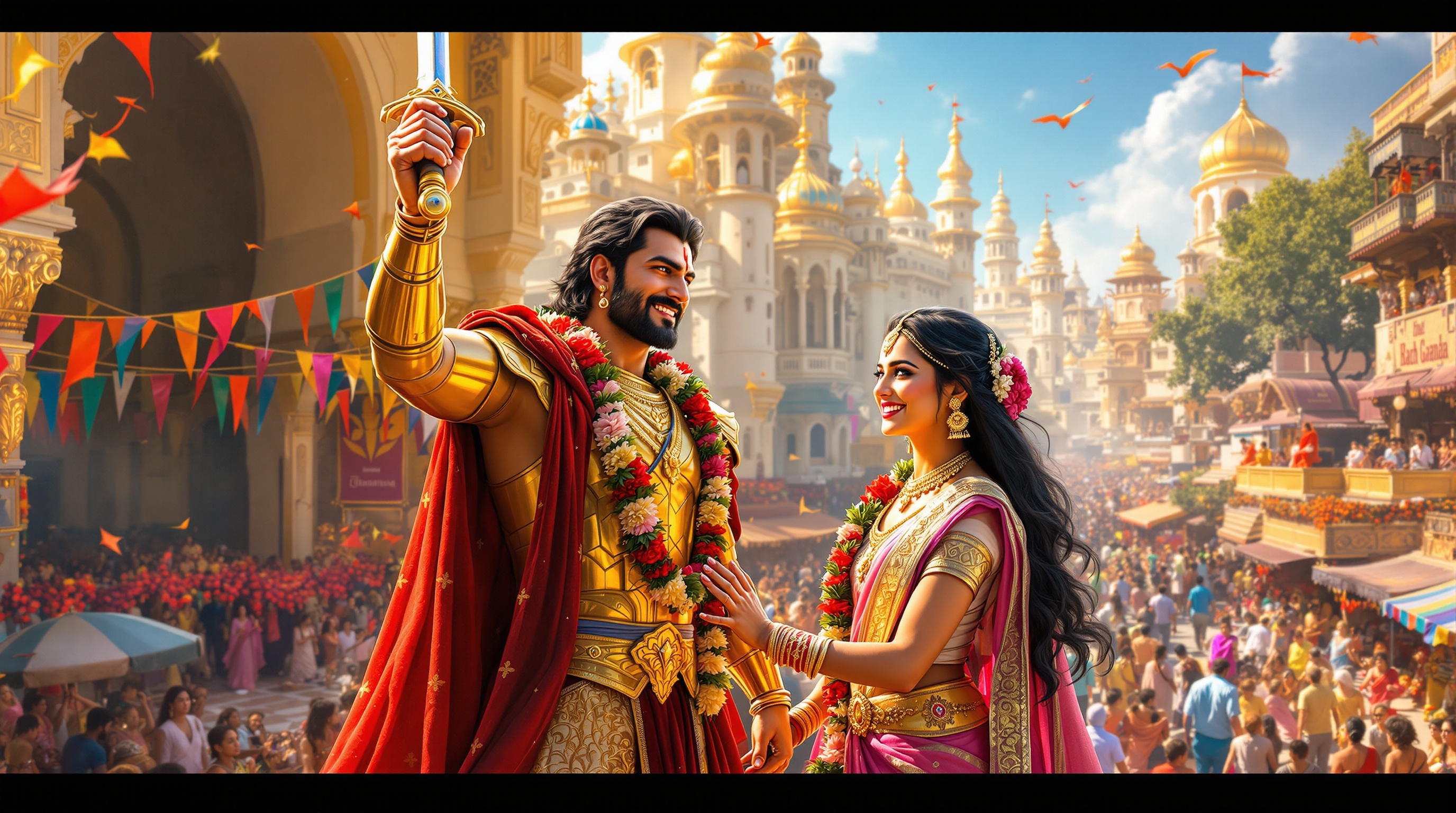 A vibrant celebration in Surya Garh. King Rudrasen and Queen Mriganjali return victorious. Streets filled with colorful banners and flowers. King holds the Amritdhara Sword high. Queen waves to the crowd in a pink and gold saree. Palace shines in sunlight with golden spires. Villagers dance and play. Symbolizes triumph of good over evil.