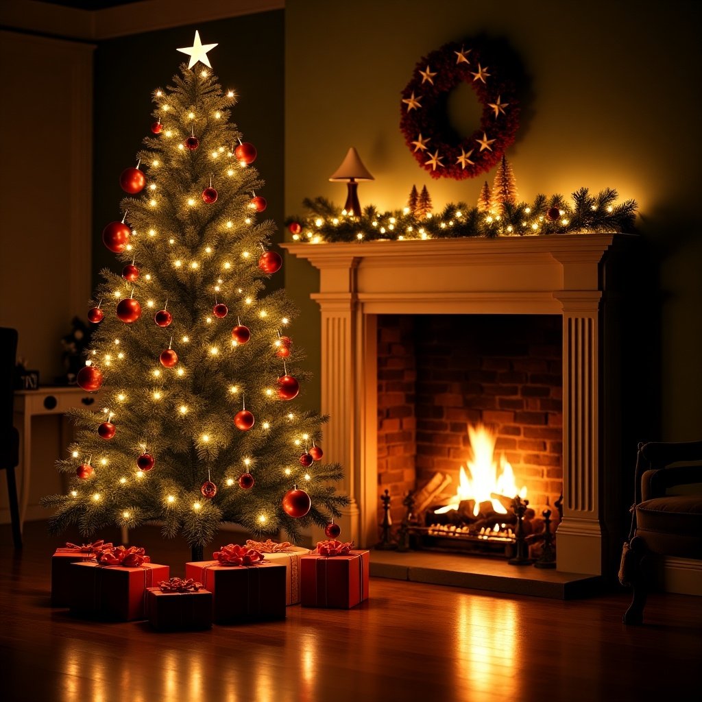 Beautifully decorated Christmas tree with bright lights and ornaments presents neatly arranged beneath the tree warm and inviting fireplace with a glowing fire nearby