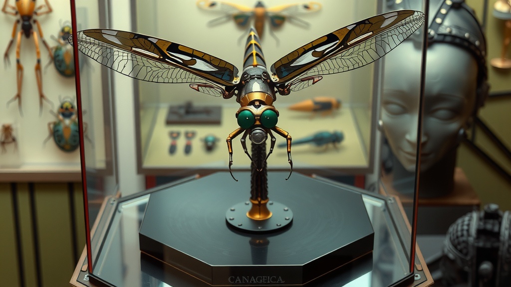 A mechanical dragonfly with intricate details displayed in a glass case.