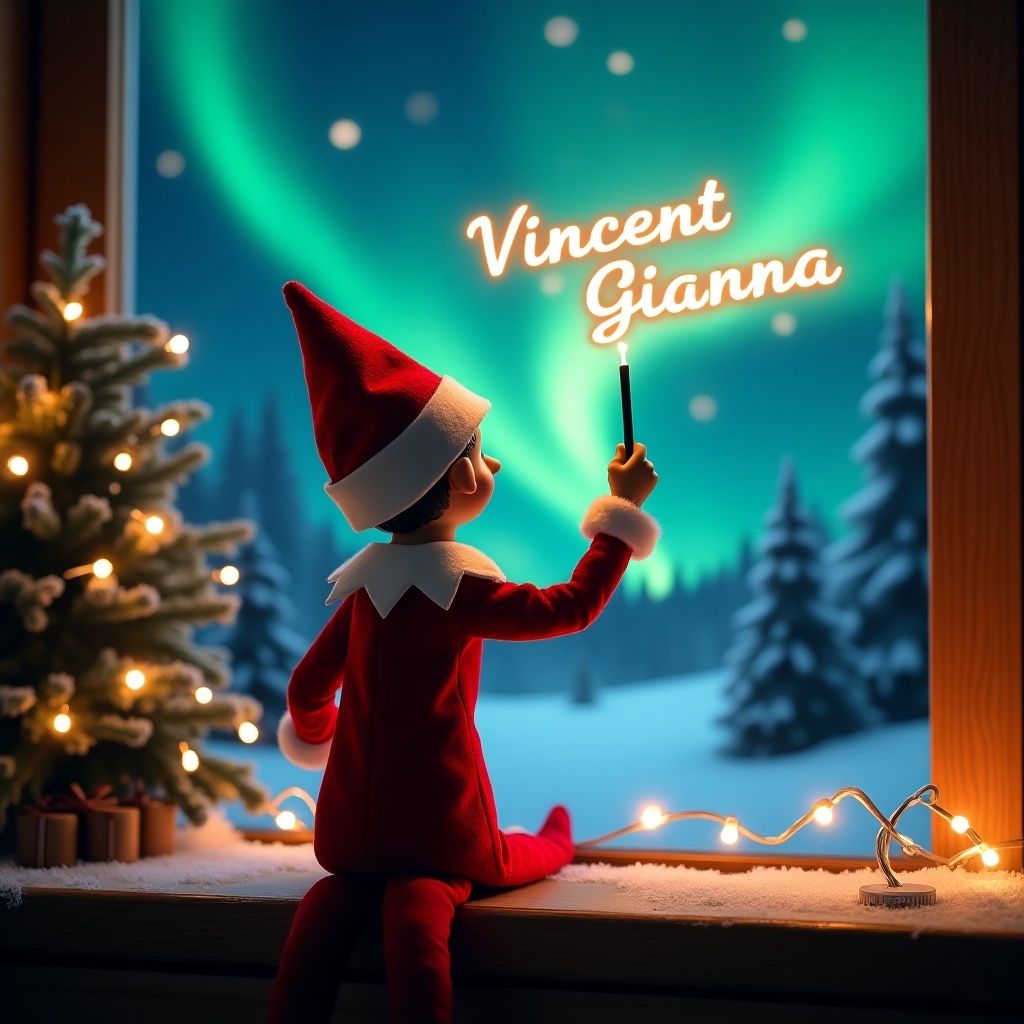 This enchanting Christmas scene features an elf on the shelf, playfully positioned with his back to the viewer. Dressed in red and white, the elf joyfully wields a magic wand. He is writing the names 'Vincent' and 'Gianna' in a glowing script above him. The mesmerizing backdrop showcases vibrant northern lights illuminating the night sky. The scene radiates a festive spirit, symbolizing the joy and wonder of the holiday season. It's a whimsical portrayal that captures the essence of Christmas magic and excitement.