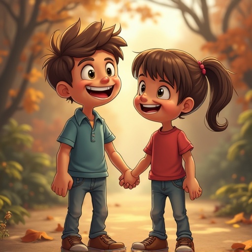 Two children stand in a warm autumn landscape. One child wears a blue shirt. The other child wears a red shirt. They hold hands and appear joyful. The background is filled with trees and leaves in autumn colors. The scene is serene and inviting.