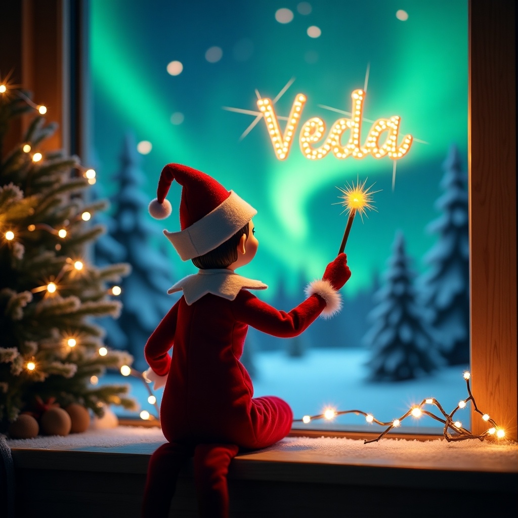 This image portrays an enchanting Christmas scene featuring an elf on the shelf. The elf, dressed in red and white, is facing a vibrant sky with colors of the northern lights. Wielding a magic wand, the elf is creating a glowing script that reads 'Veda'. The background adds to the scene's magic, enhancing the festive holiday spirit. Warm lights adorn the window, creating a cozy atmosphere, capturing the essence of joy and wonder during the Christmas season.