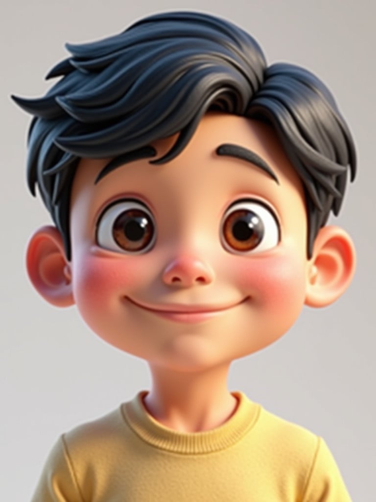 3D-rendered cartoon character showing a 10-year-old boy. Character features short black hair and a cheerful expression. Bright yellow shirt.