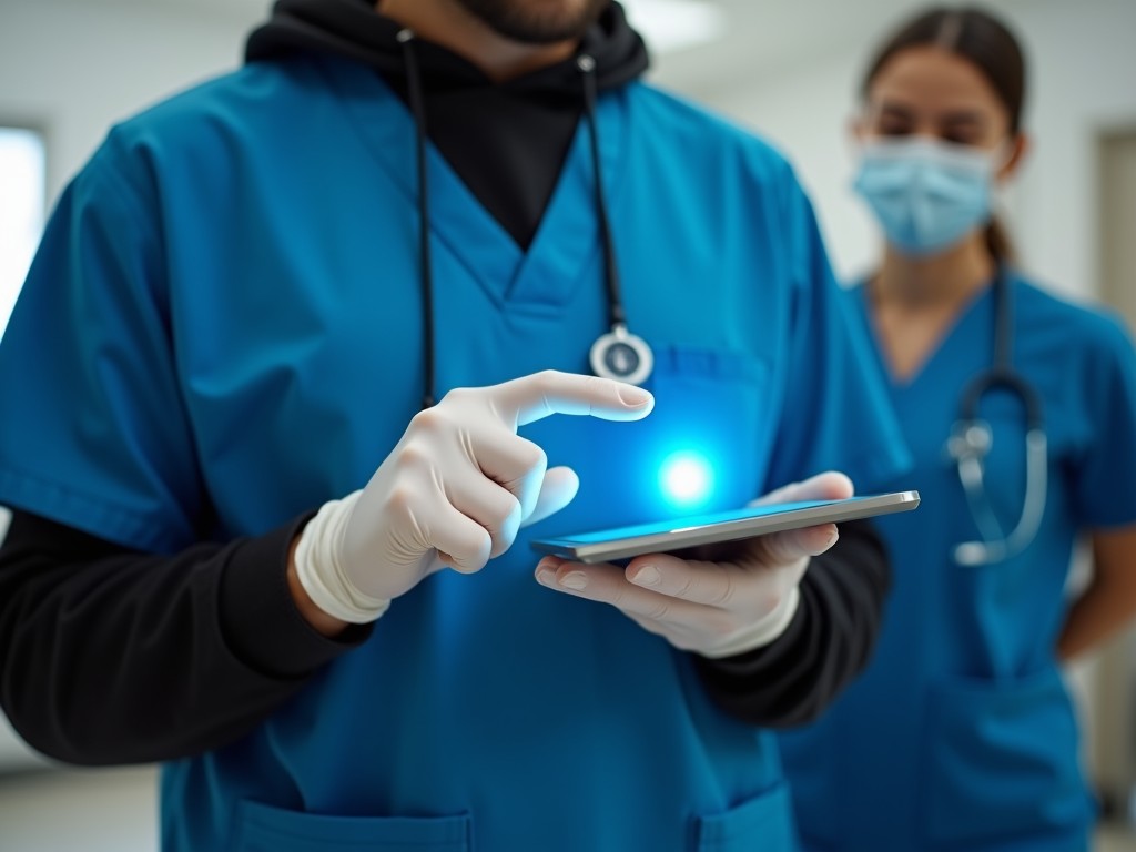 This image features two healthcare professionals, one wearing blue scrubs and a black hoodie, interacting with a tablet that emits a magical glow. The male character, with a focused expression, gently taps on the device with gloved fingers. In the background, a female nurse stands, also wearing scrubs and a protective mask. This scene captures the essence of technology integrated into the medical field. The environment suggests a clinical setting, further emphasizing the innovative aspects of healthcare. Overall, it illustrates the use of digital tools in patient care and medical practices.