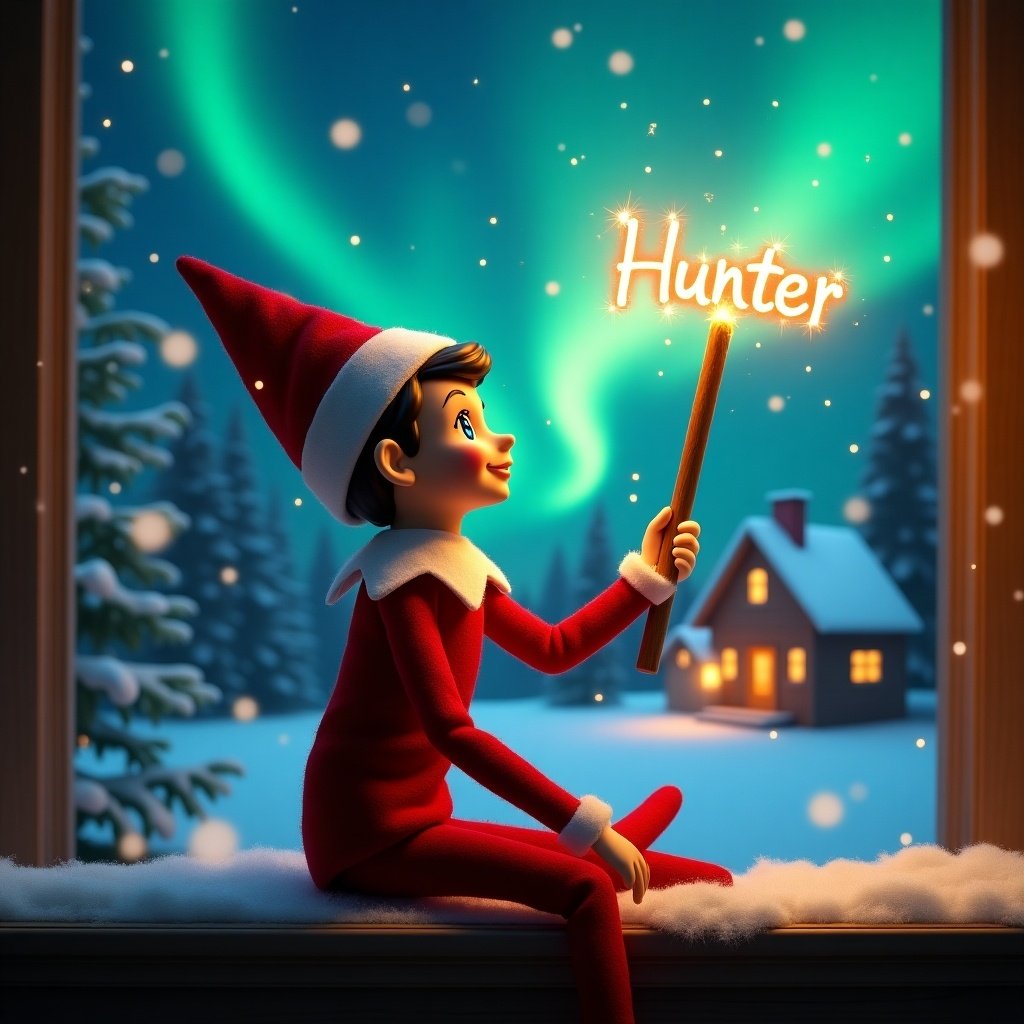 An elf on the shelf gazes skyward. The elf holds a glowing wand. A Christmas scene shows colorful northern lights. A cozy house is visible in the distance. Snow covers the ground. The elf represents the magic of Christmas. The name ‘Hunter’ appears in the air from the wand.