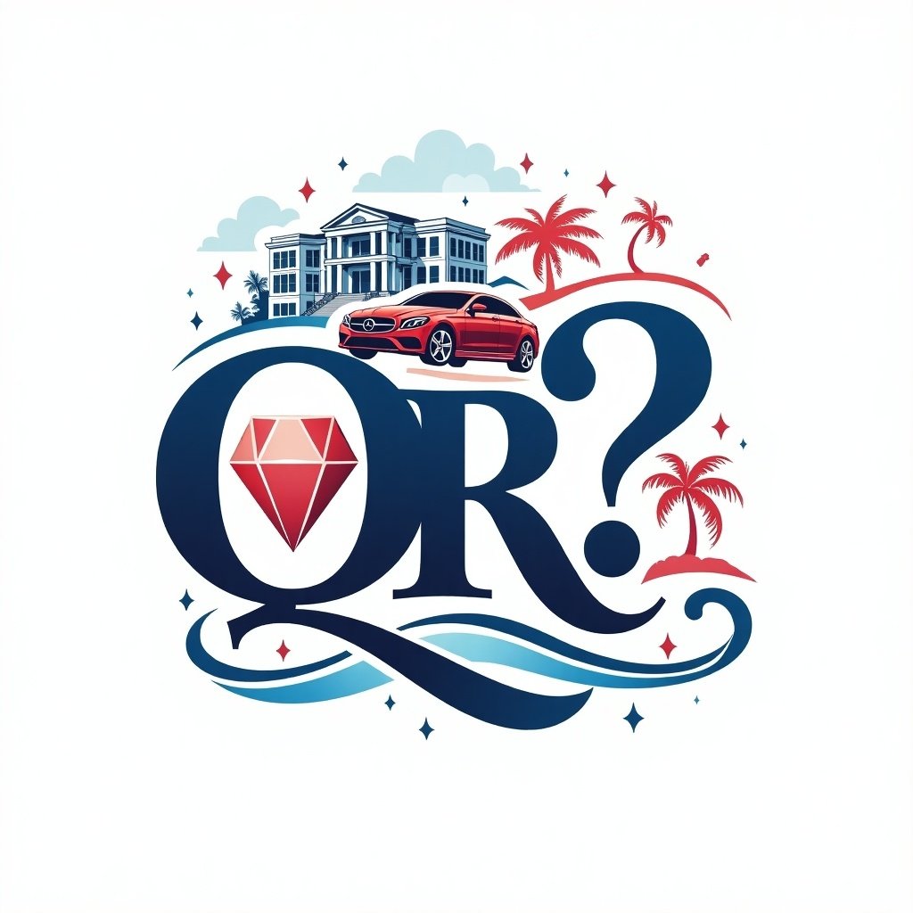 Logo design featuring 'OR?' in blue and red. Incorporate images of a mansion, luxury car, island, and jewelry.