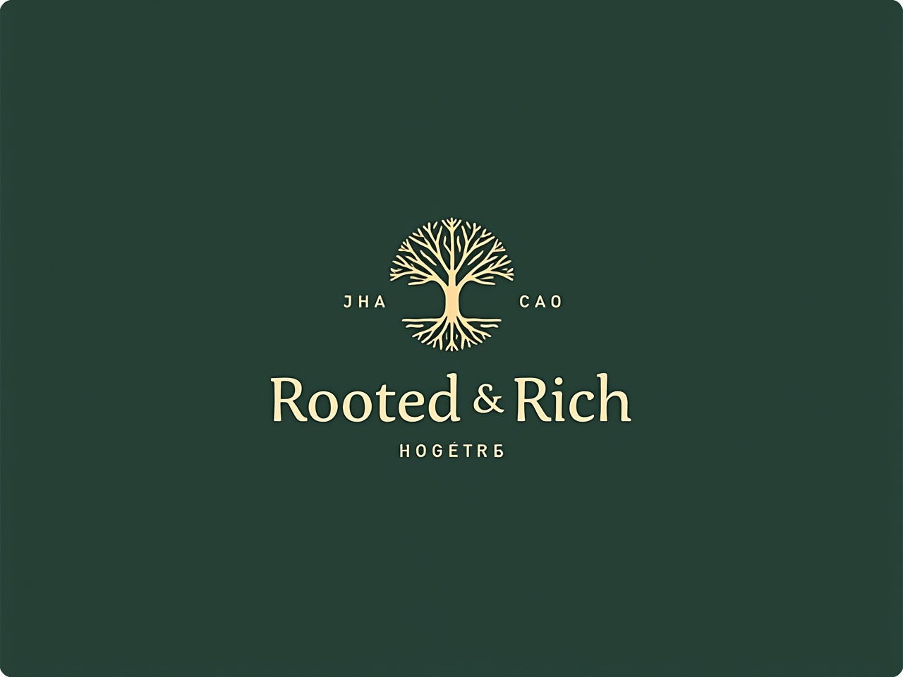 Update the logo design for 'Rooted and Rich' by removing all text surrounding the tree symbol. Focus on enhancing the details of the tree and its roots, while keeping the central text clear and prominent. Ensure that the text is evenly spaced and cohesively blended with the overall design. Below the word 'Rich,' integrate the numbers '1226' using a sleek, modern font that harmonizes with the aesthetic. Preserve the existing color scheme of deep greens and golds to maintain a polished and professional appearance, ensuring everything remains visually balanced.