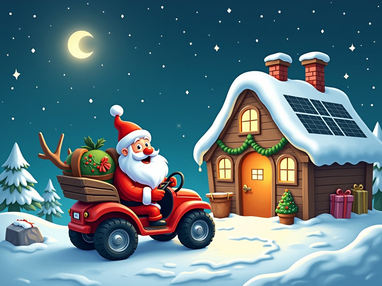 Santa in red suit drives a toy car. Santa's Workshop in a snowy landscape. Night sky with stars and moon. Cartoon style illustration.