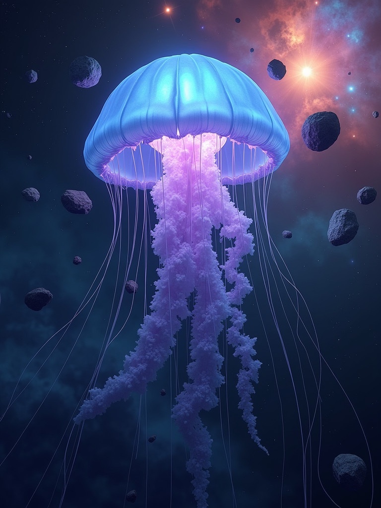 A jellyfish glows in space. Colors include blue and purple. Tentacles shimmer with starlight. Asteroids surround the jellyfish. A colorful nebula fills the background. The scene appears majestic and surreal.