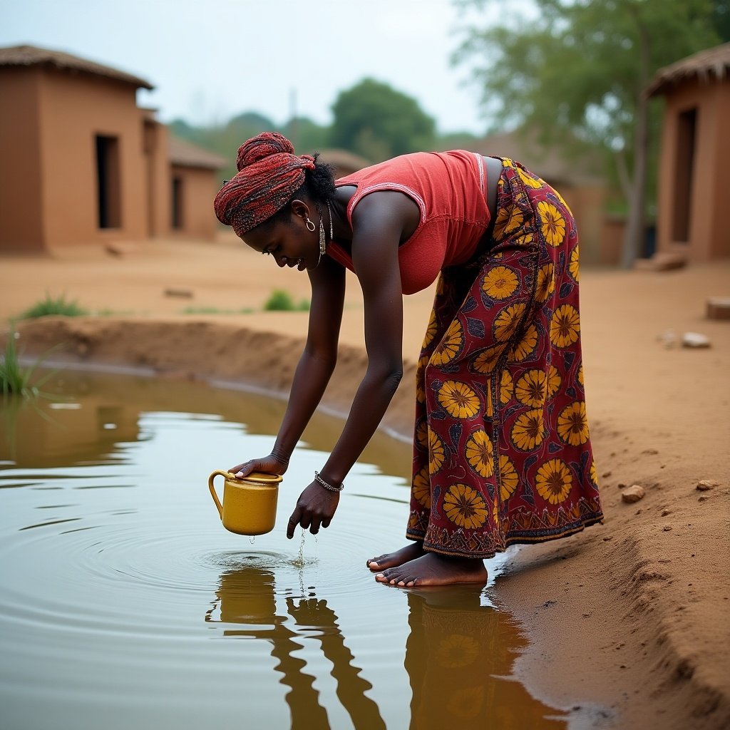 Woman in colorful traditional attire fetching water from village pond. Rural background with clay huts surrounding.