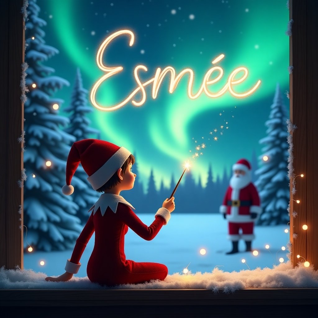 An elf faces a winter landscape. Holding a magic wand, she writes 'Esmée' in the sky. Northern lights illuminate the background. Santa Claus stands in the distance by snow-covered trees.