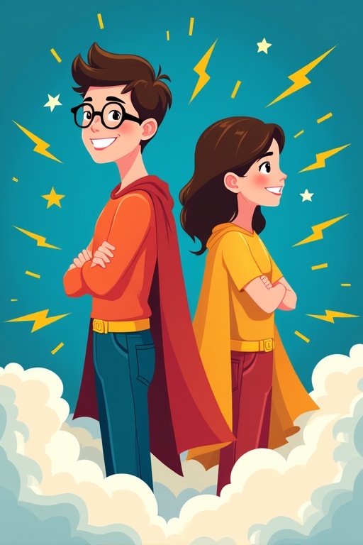 Two superhero children stand back to back. A boy wears an orange shirt with a red cape. A girl wears a yellow shirt with a yellow cape. They look confident and strong. Royal blue background has yellow lightning bolts. White clouds surround their lower bodies.