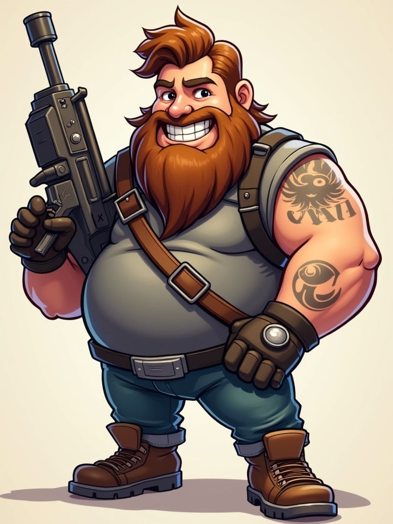 A cartoonish male character depicted as a Fortnite style. Features fluffy brown hair and a cheerful demeanor. Character is on the heavier side and strikes a hero pose while holding a big gun.