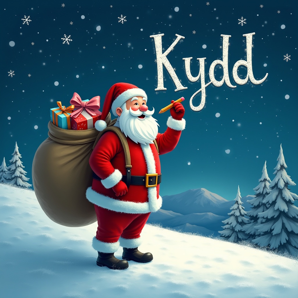 Santa Claus stands on snowy hill under starry night. He is writing names in the sky with a pencil. He is dressed in red and white. A large sack of gifts is on his back. The name 'Kydd' is displayed in a whimsical font.