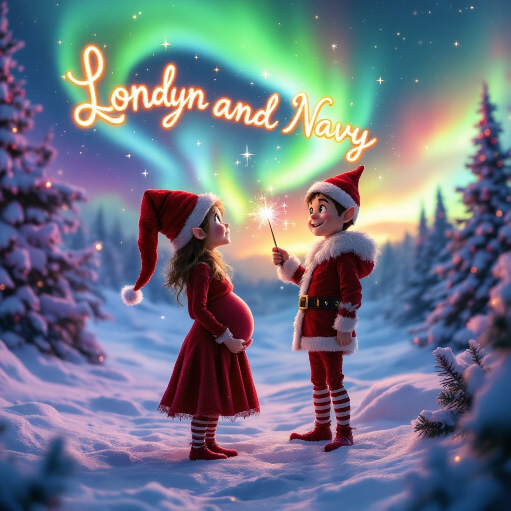 Enchanting Christmas scene featuring two elves. One elf is pregnant, wearing a skirt and facing the sky. The other elf smiles and wields a magic wand. The wand writes 'Londyn and Navy' in glowing script. The background features vibrant northern lights and snow-covered trees. The scene captures holiday spirit and wonder.