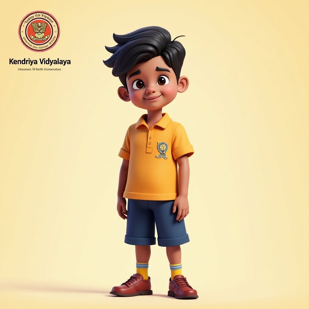 3D illustration featuring a young Indian boy wearing a Kendriya Vidyalaya school dress. The boy appears cheerful and realistic. The background includes the Kendriya Vidyalaya school logo and username 'Sk karthi Creation.' The style is youthful and engaging.