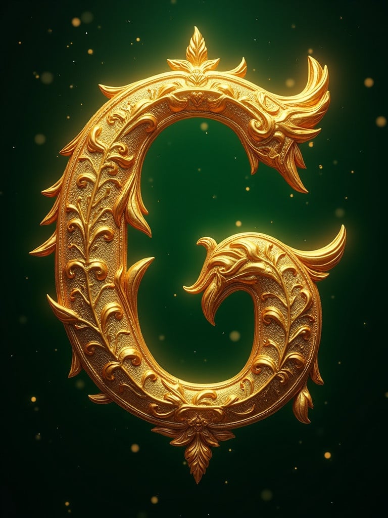 Richly embellished golden letter G with intricate designs Set against dark green background with glowing particles