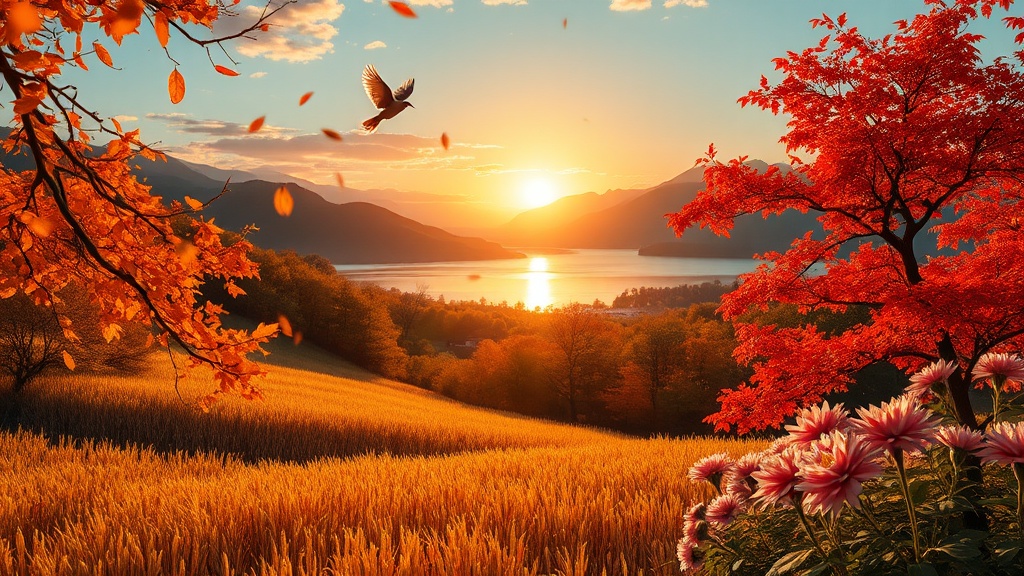 A vibrant autumn landscape featuring a golden field, colorful trees, and a serene lake at sunset.