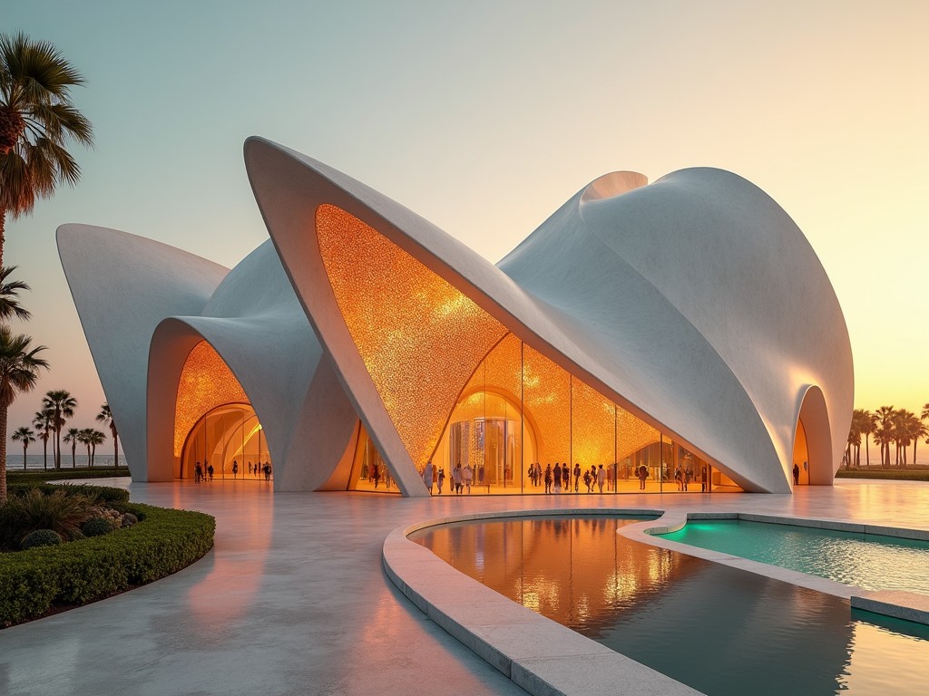 Futuristic architectural structure with glowing lights, palm trees, and water feature at sunset