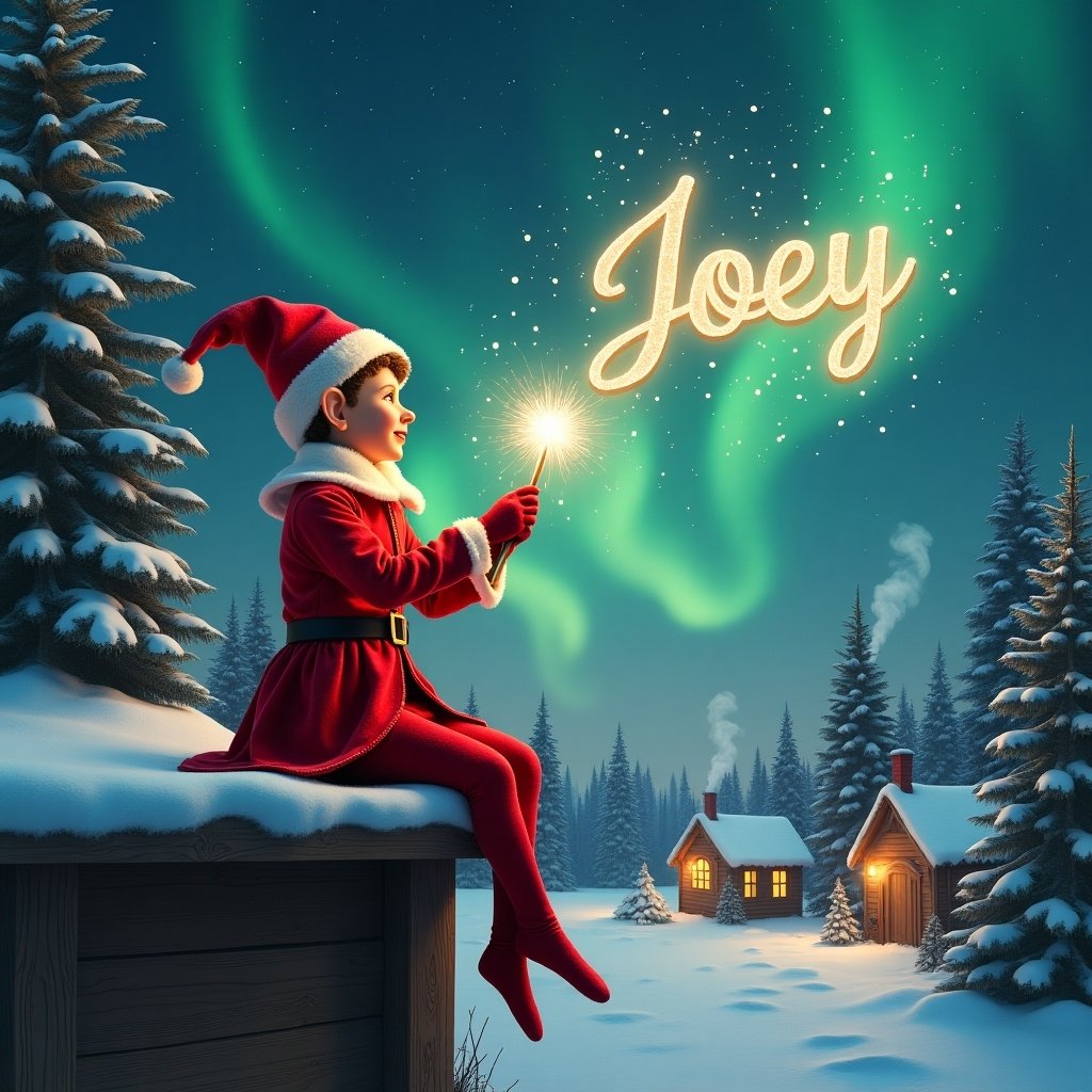 An elf sits on a wooden ledge gazing at a magical sky. The elf wears a red outfit and a pointed hat. Holding a sparkling wand, the elf writes the name 'Joey' in the starry sky. The background shows a snowy landscape with little houses and evergreen trees under the Northern Lights. This scene captures the essence of childhood magic and Christmas cheer.