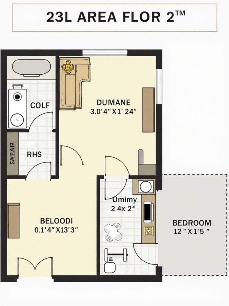 75m2 area 2BHK apartment floor plan. The layout includes two bedrooms, a living area, a kitchen and a bathroom. Simple design with labeled spaces. Clearly defined areas for functionality.