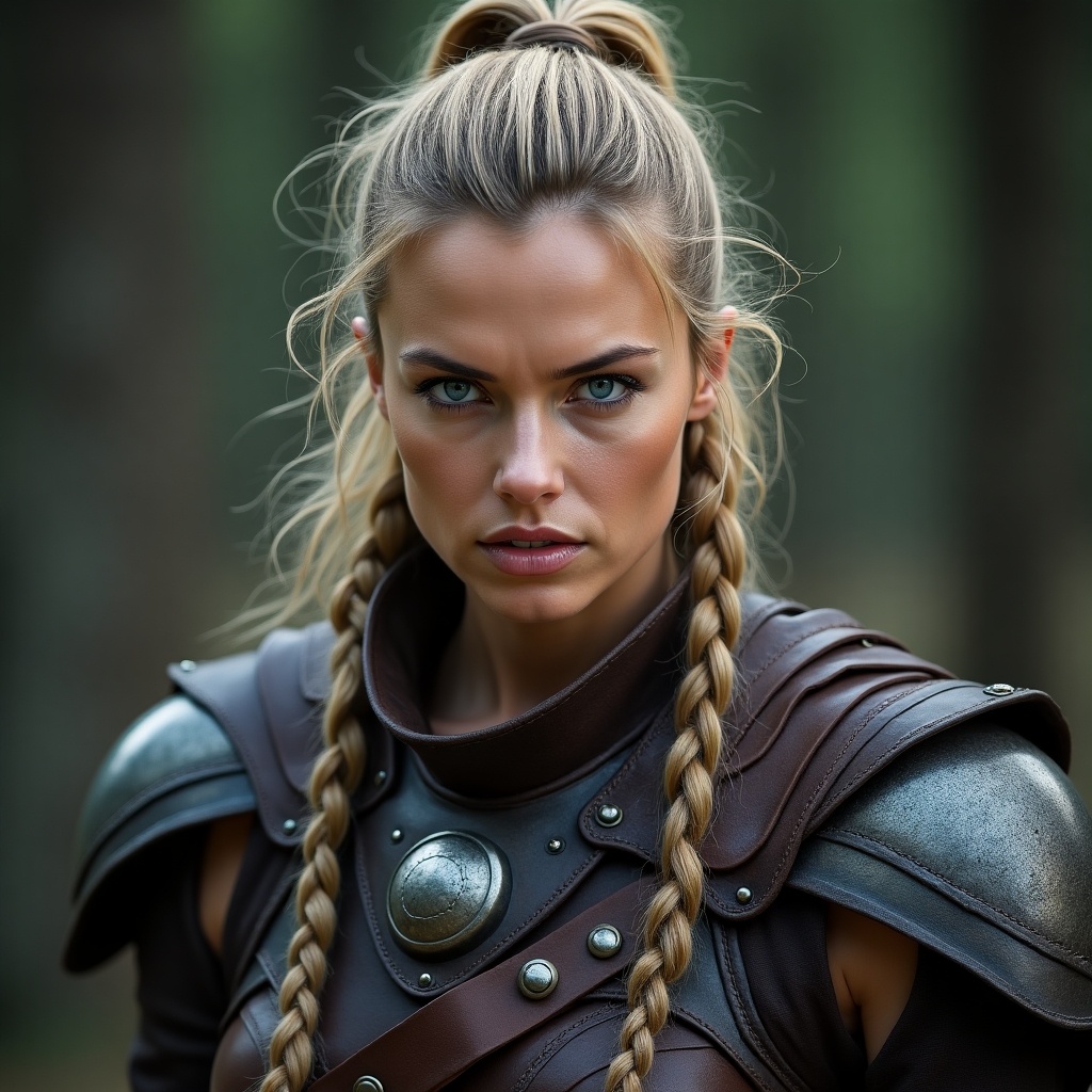 The image features a fierce female warrior with long braided hair tied back and striking blue eyes. She is clad in detailed leather armor that signifies her strength and readiness for battle. Her expression is determined and focused, conveying a sense of confidence. The background is blurred, emphasizing her presence in a natural setting. This scene evokes themes of bravery and empowerment.