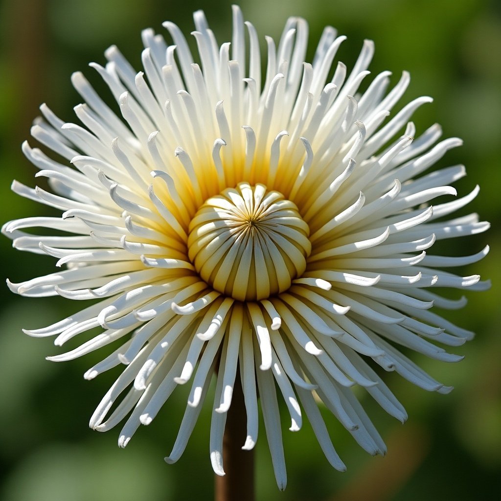 Close-up of a flower with white petals and a round center. Petals extend outward significantly, resembling a sunburst pattern. Green foliage is blurred in the background.