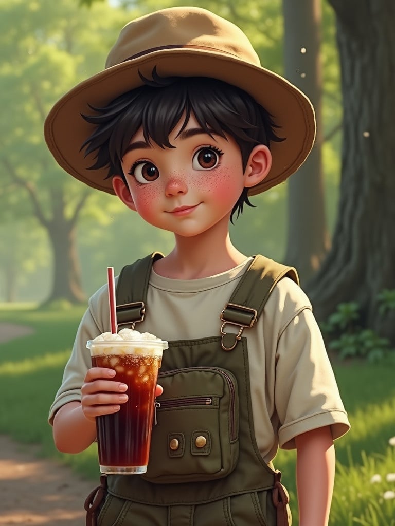 A child with dark brown hair wearing oversized clothes stands in a sunny park. He holds a cup of iced soda. The park is lush and green creating a serene atmosphere.